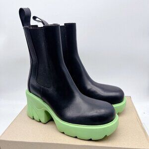 BOTTEGA VENETA Flash Chelsea Boots Platform Black Green Leather US 7.5 EU 37.5